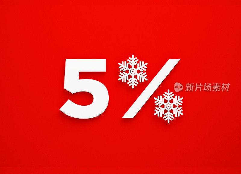 5% Off -白色雪花形成一个百分比标志坐在旁边的5号红色背景